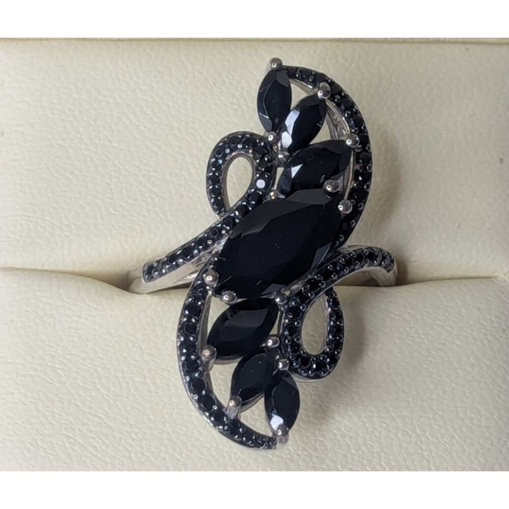 Black Spinel Cocktail Ring - Sterling Silver, Marquise, Swirl, Size 11